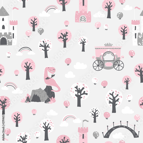 Fairytale seamless pattern. Vector children's illustration of a princess castle in the forest with a crown and a dragon cave in cartoon Scandinavian style. Ideal for baby girl textile.