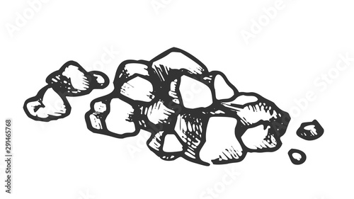 Stone Pile Gravel Cobblestone Monochrome Vector. Solid Strong Stone Crag Element For Building Road. Nature Block Slate Engraving Template Hand Drawn In Retro Style Black And White Illustration