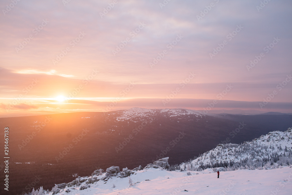 Naklejka premium Winter mountains trip to snow-capped peaks