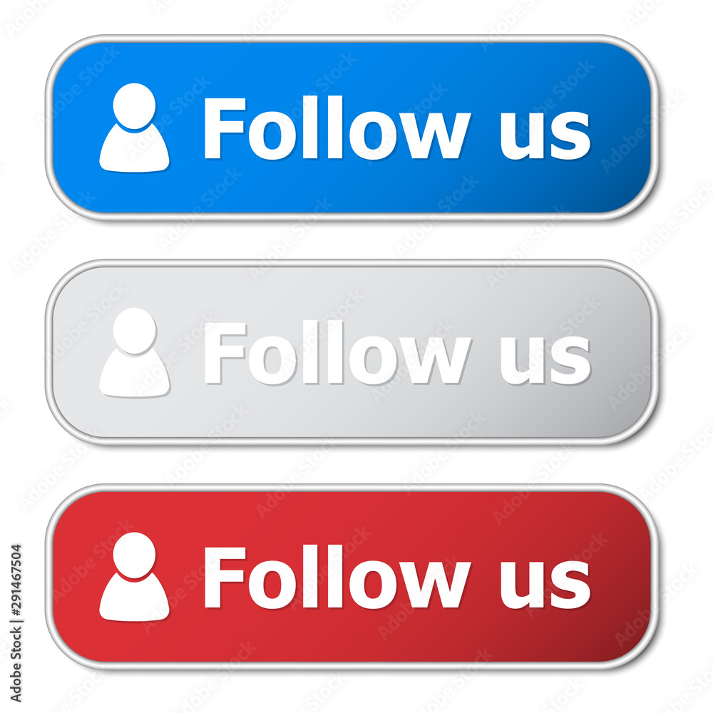 Set of follow us button with metal frame and shadow Set of follow us button with metal frame and shadow