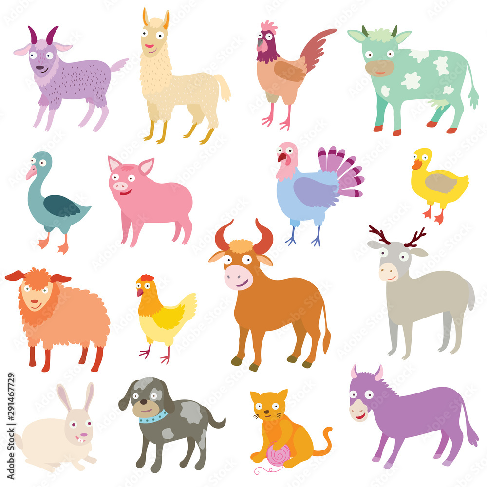 Fototapeta premium farm animals set, cartoon style, flat design, vector illustration