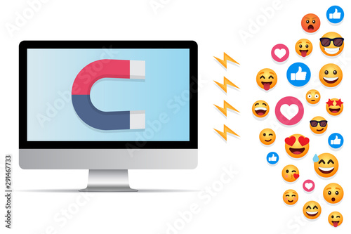 Computer monitor with magnet attracts emoticons, likes in a flat design
