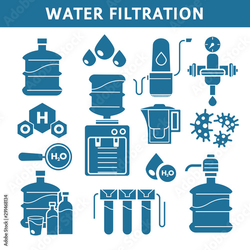 Purification and water filtration system isolated icons, liquid cleaning