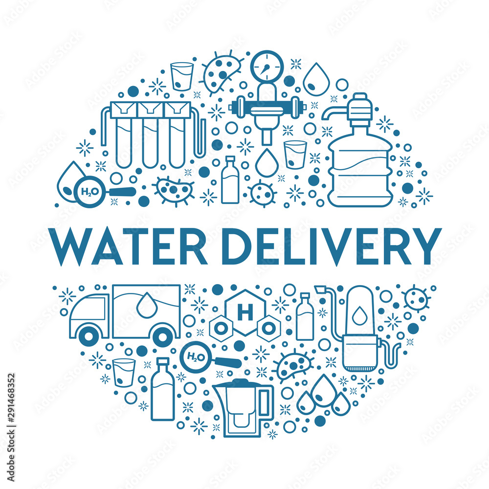 Fototapeta premium Truck and bottles or gallons, water delivery service, drinking liquid supply