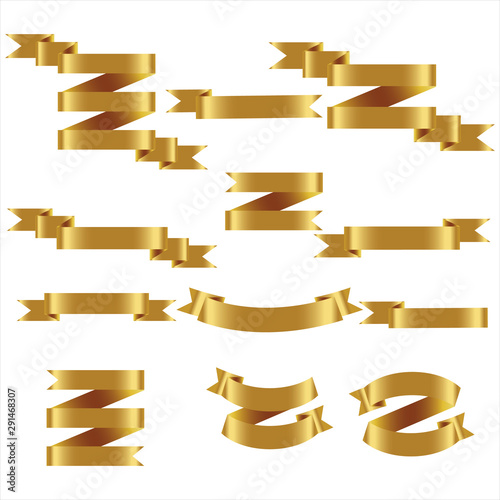 Gold Ribbon Set In Isolated White Background, Vector Illustration