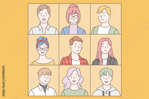 Collage, collection, variety, people set. Selection of a diversity of emotional male and female faces portraits. Young happy men and women, students or colleagues in a joint photo. Simple flat vector.
