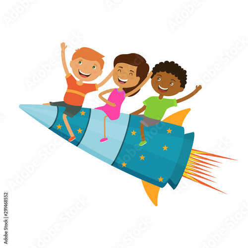 Happy children fly on the rocket. Learning progress, development of kids. Kids different nationality together have a fun. Vector concept illustration.