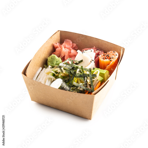 Japanese asian meal in a box of recycled paper isolated on white background. photo