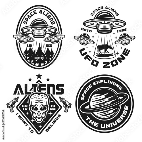 Ufo and aliens set of vector monochrome emblems