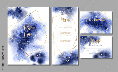 Wedding invitation card with abstract navy blue watercolor background and gol...