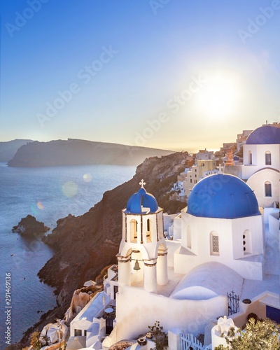 Oia town on Santorini island, Greece. Thira village in the sunset with view onthe sea.