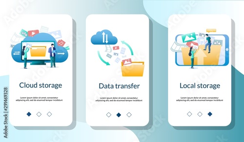 Cloud storage mobile app onboarding screens vector template