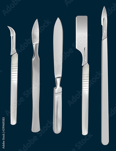Set of surgical cutting tools. Reusable all-metal scalpel, scalpels with removable blades, Liston s amputation knife, scalpel with a blade for skin transplantation. Vector illustration.