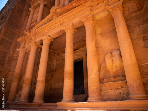 Front facade of the historic treasury temple in the historic site of Preta, Jordan, beautiful sandstone monument