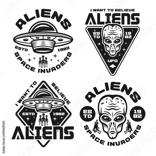 Aliens and ufo set of four vector emblems