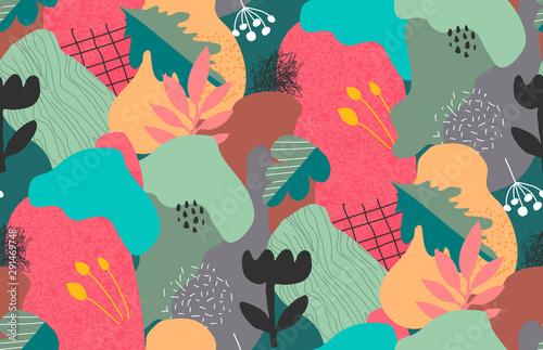Vector colorful collage contemporary natural seamless pattern. Modern abstract shapes, hand drawn textures