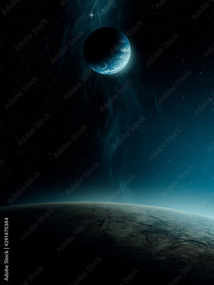 planets in dark scape scene, minimal 3d illustration