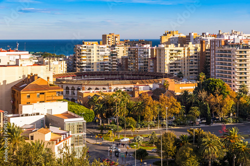 Plaza de Toros de Malagueta bullring in Malaga city, Andalusia, Spain. The style of building is neomudejar and it takes the form of a 16-sided hexadecagon. Capacity - 9,032 spectators