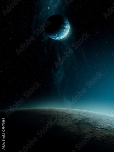 planets in dark scape scene, minimal 3d illustration © andreiuc88