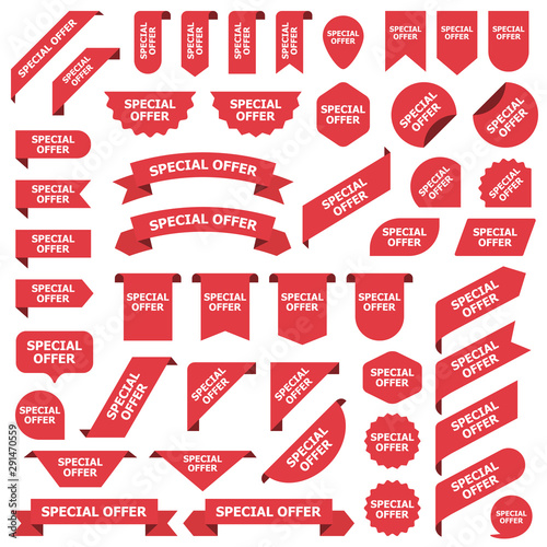 Big set of red stickers special offer tags, labels and banners