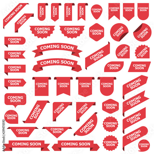 Big set of red stickers coming soon tags, labels and banners