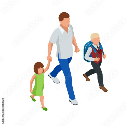 Isometric Back to School. Parents with their children schoolchildren.