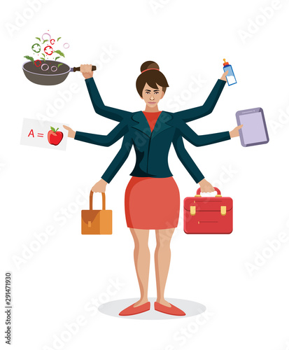 Multitasking woman balancing life with multiple hands