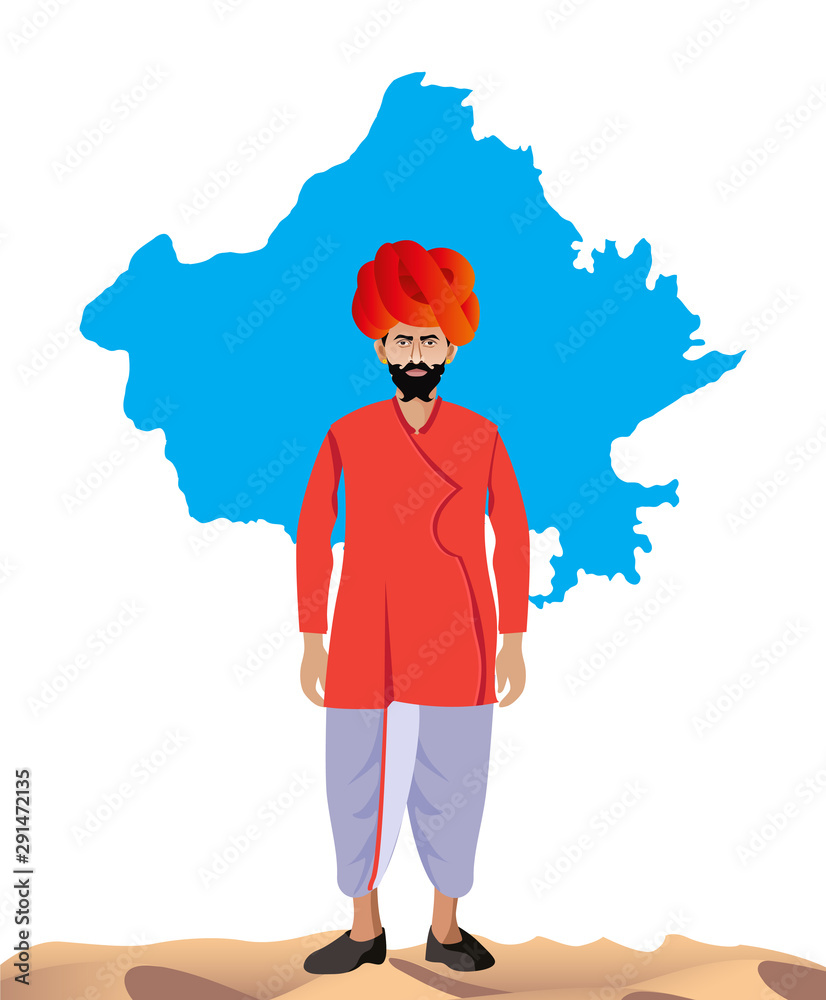 Rajasthani man standing in desert and rajasthan map Stock Vector | Adobe  Stock