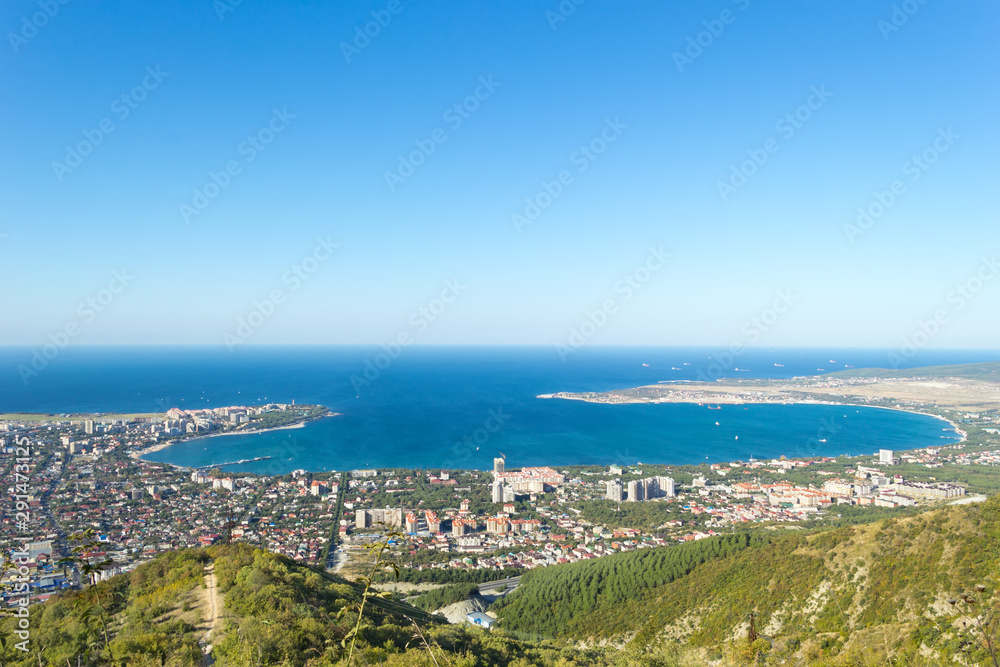 Aerial view of Gelendzhik sea bay. Photo of resort city from hill of caucasian mountains.