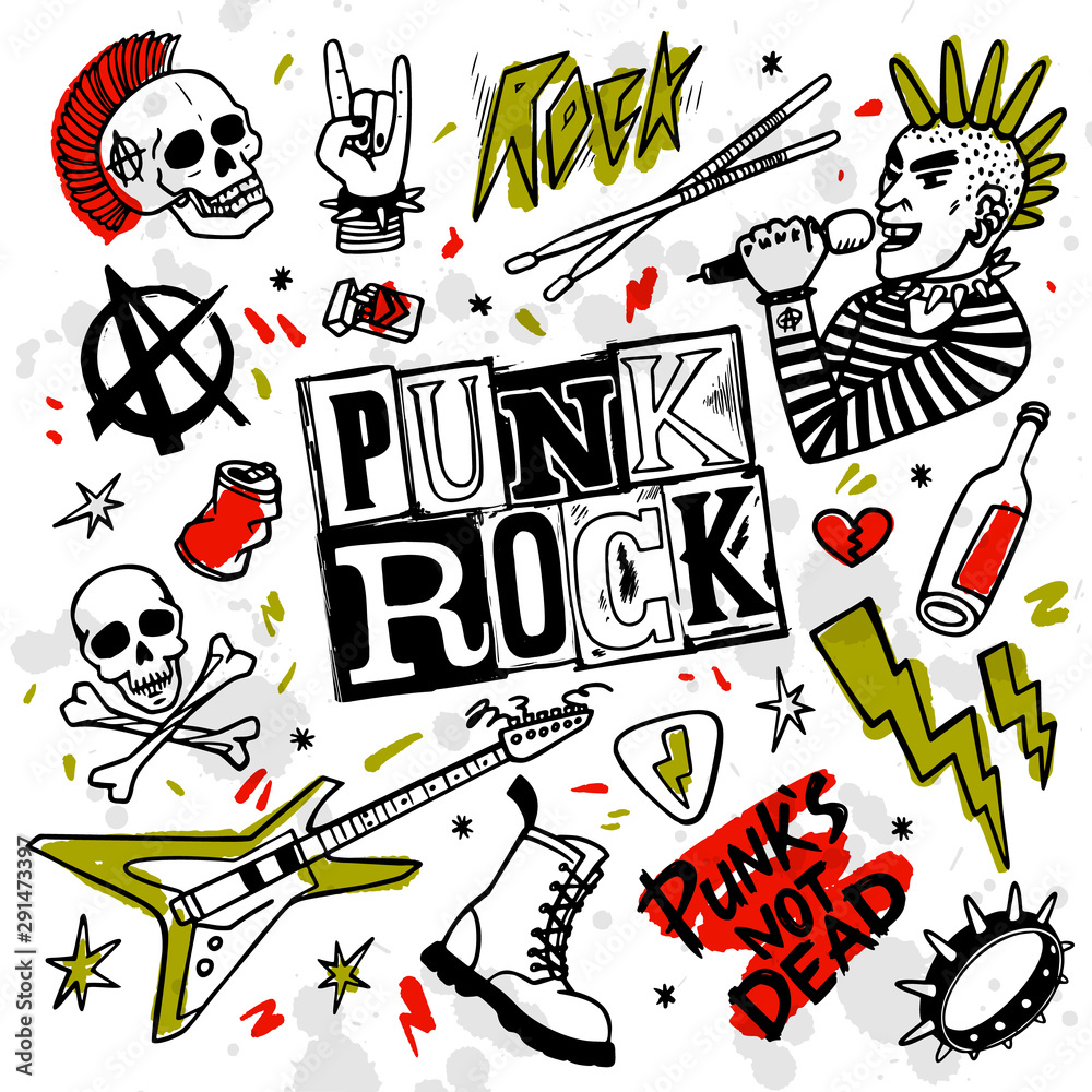 Punk rock set. Punks not dead words and design elements. vector  illustration. Stock Vector