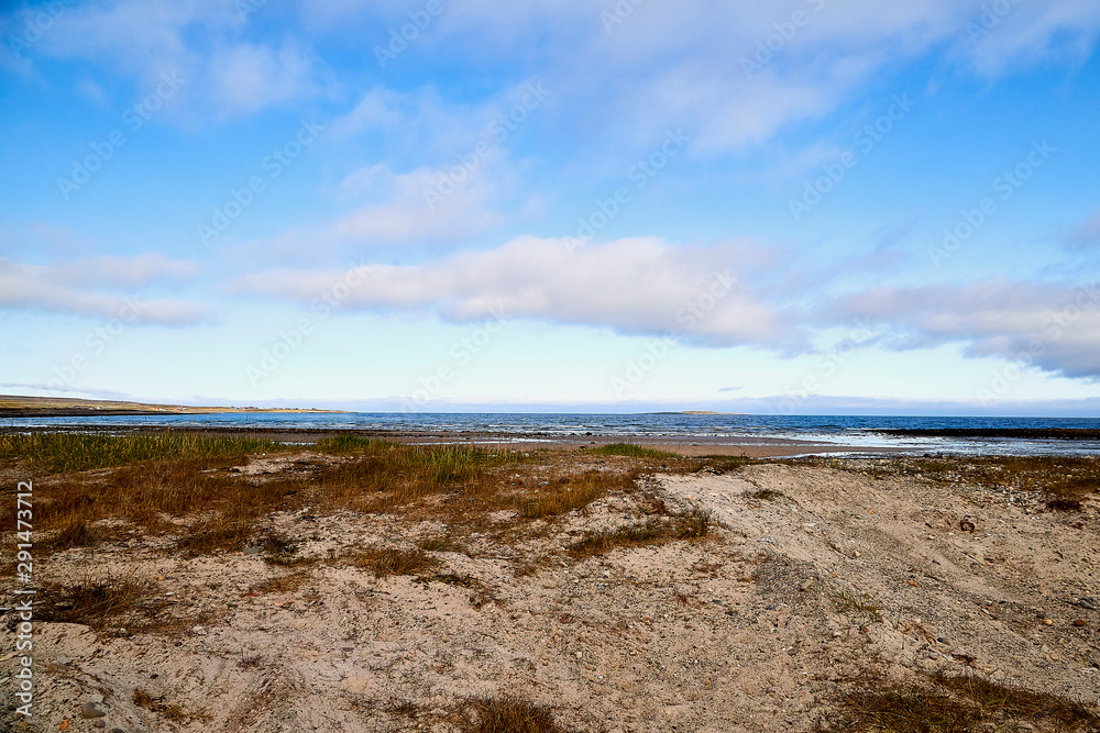 Norway landscape with beach of the Northern sea in sun day with white clouds