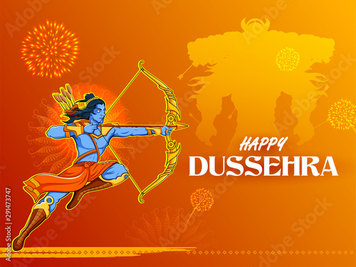 illustration of Lord Rama and Ravana in Dussehra Navratri festival of India poster