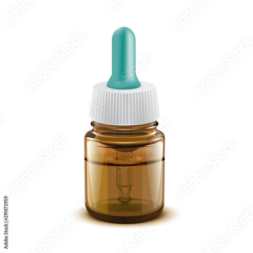 Brown medical glass bottles with droppers. Vial of nasal drops isolated over white background 