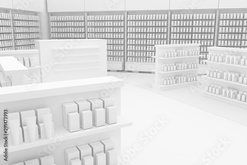 3D Illustration Rendering. Clean Pharmacy views on white backgorund for presentation and mockup blueprints. Architectural visualization of Modern interior design store. Head view, customer view