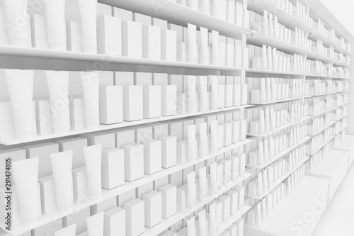 3D Illustration Rendering. Clean Pharmacy views on white backgorund for presentation and mockup blueprints. Architectural visualization of Modern interior design store.  Products Close up