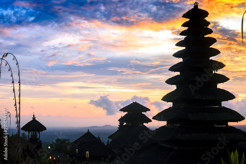 Summer landscape with roof black silhouette at sunset on Bali  Indonesia