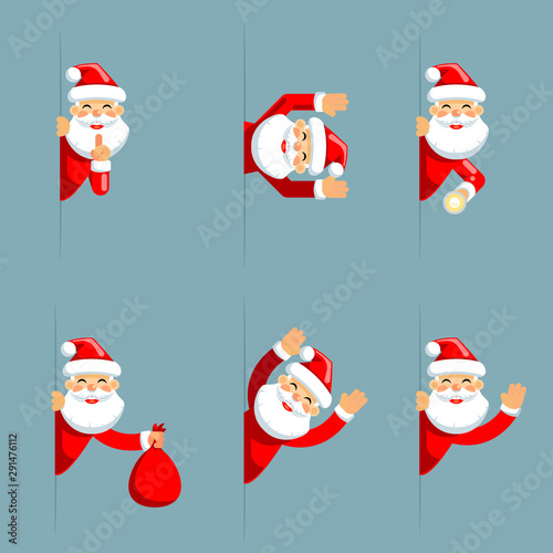 Santa claus secret flashlight peeking out corner surrender give up cartoon characters set flat design isolated vector illustration