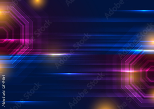 Colorful glowing neon technology graphic design. Abstract geometric futuristic background. Vector illustration