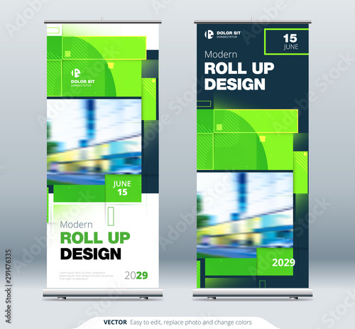 Green Business Roll Up Banner. Abstract Roll up background for Presentation. Vertical roll up, x-stand, exhibition display, Retractable banner stand or flag design layout for conference, forum.