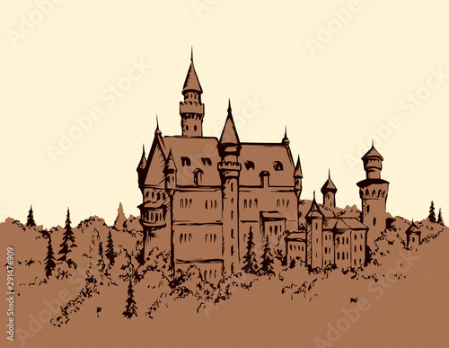 Famous German castle. Vector drawing