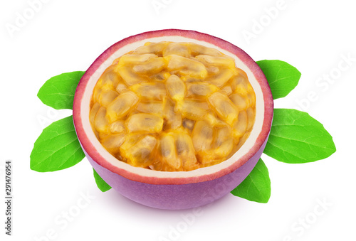 Composition with cutted passion fruit with leaves isolated on white background. As design element.