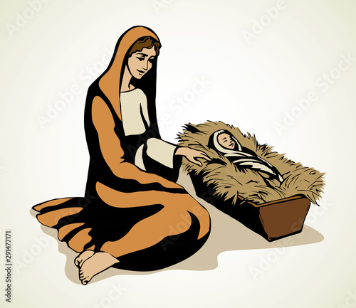 Maria and the baby. Vector drawing