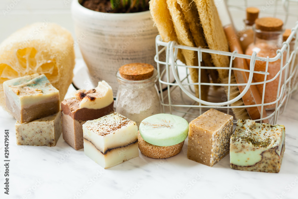 Homemade organic cosmetic products close up in bath Homemade organic cosmetic products close up in bath