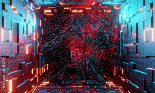 Fototapeta Naklejka Na Ścianę i Meble -  Sci-fi interior spaceship alien tentacles corridor neon light cables communication technology. 3D rendering