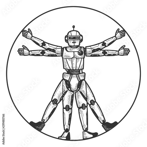 Robot Vitruvian Man sketch engraving vector illustration. Tee shirt apparel print design. Scratch board style imitation. Black and white hand drawn image.