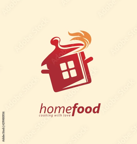 Home cooking logo design idea. Red pot with flames logo template. Vector logo for restaurant or catering service. 