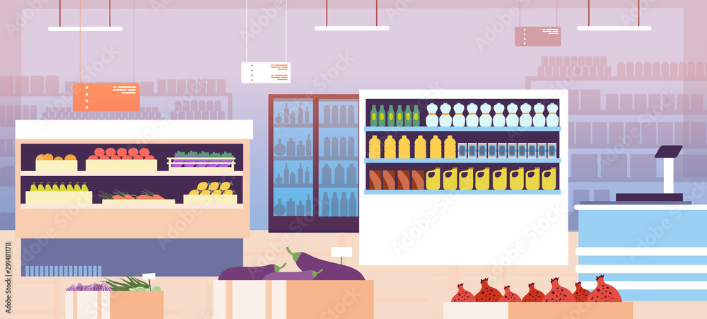 Supermarket interior. Empty shopping retail hall with food on shelves and refrigerator. Consumerism in grocery store vector concept. Hall interior retail with food for shopping illustration