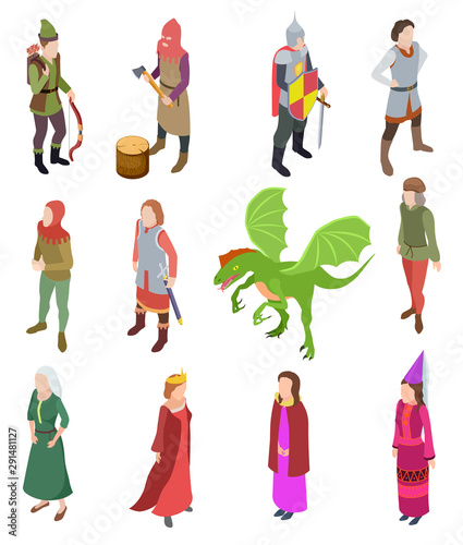 Medieval isometric characters. Knight dragon man royal ancient priest king warrior queen isolated 3d vector set. Illustration king medieval, executioner and lord, dragon and queen