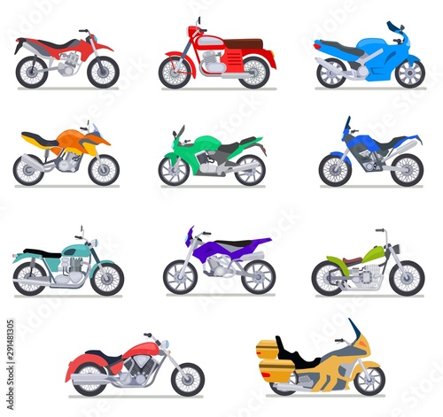 Motorcycle set. Motorbike and scooter, bike and chopper. Motocross and delivery vehicles side view isolated vector flat icons. Scooter and motorcycle, illustration transport bike