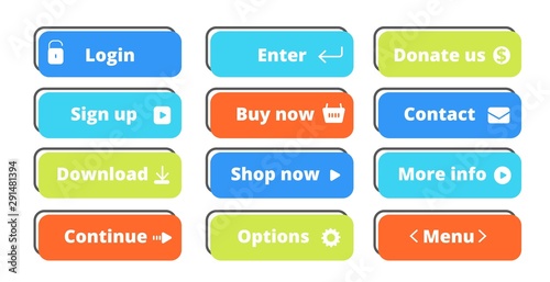 Action buttons set. Vector flat web buttons design. Illustration web graphic button, download and more info
